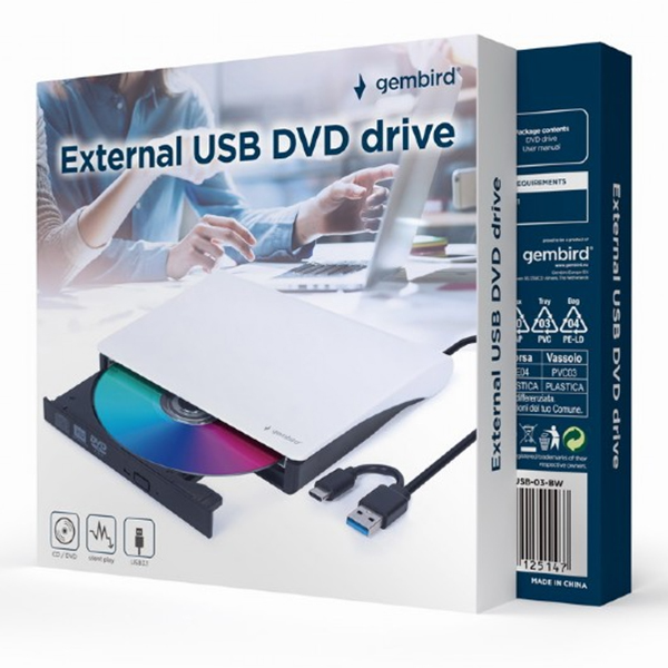 Eksterni DVDRW Gembird DVD-USB-03-BW čitač i rezač USB 3.1 Type C Bijeli Eksterni DVDRW Gembird DVD-USB-03-BW čitač i rezač USB 3.1 Type C Bijeli