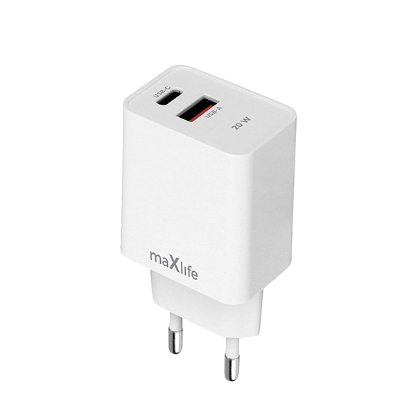 Adapter Maxlife MXTC-13-20AC PD QC charger 1xUSB-C 1xUSB 20W white OEM0101540