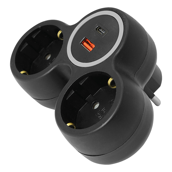Razdjelnik dvostruki Commel 240-803 crni 2x16A + 2xUSB Tip A i Tip C