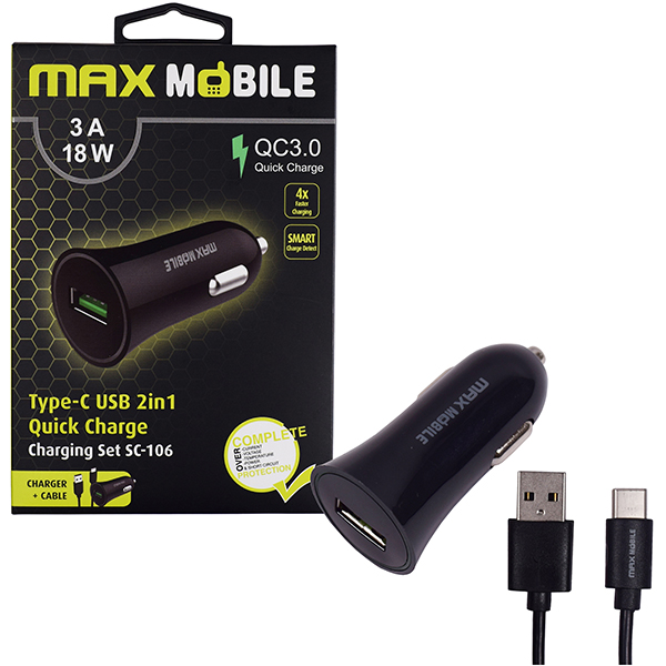 Auto adapter Maxmobile SC-106 QC 3.0 18W QUICK CHARGE 3A + TYPE C crni