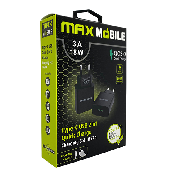 Punjač kućni Maxmobile 2u1 QC 3.0 QUICK CHARGE USB + TYPE-C 18W crni