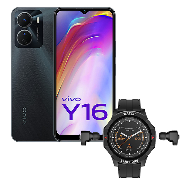 SET 3u1 Mobilni telefon Vivo Y16 4/128GB Elegant Black+ Pametni sat + Bluetooth slušalice Smart Watch headset N15 (Black)
